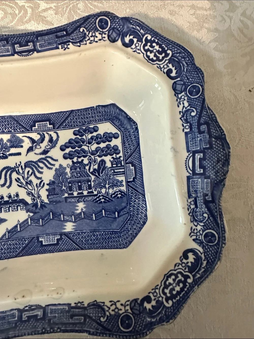 Antique Allertons England Blue Willow Scalloped Vegetable Serving Bowl